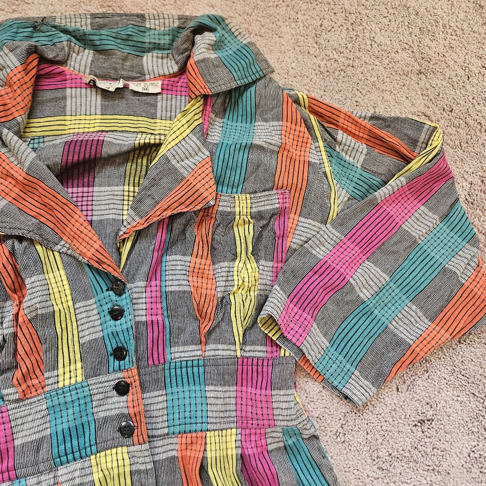 Vintage Starina Dress Size M multi-colored plaid buttondown front Cinched Waist